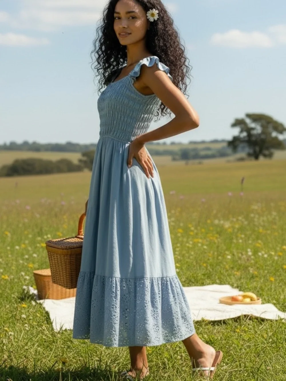 CottageCore - Romantic - Feminine Blue Smocked Tiered Ruffled Tea-length Dress L - Picture 1 of 6